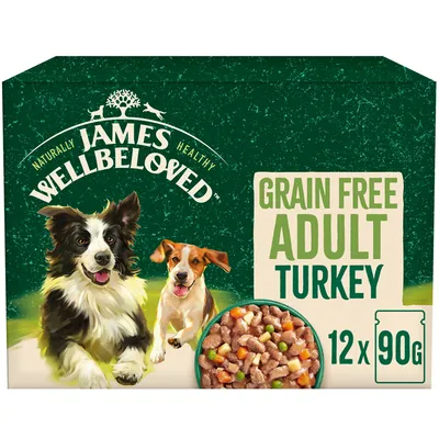 James Wellbeloved grain free adult turkey, pack of 12 x 90g. Image shows chunks of food with vegetables in a bowl.