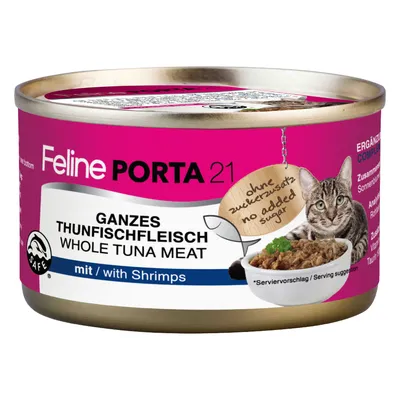 Feline Porta 21, Ganzes Thunfischfleisch, Whole Tuna Meat, mit Shrimps, ohne Zuckerzusatz, no added sugar. Photo d’une boîte de nourriture pour chat avec image de chat et bol de thon.