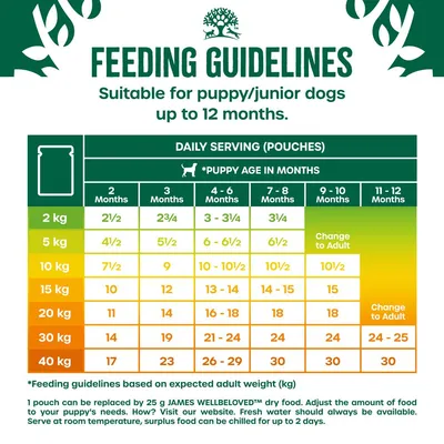 Feeding guidelines chart for puppy or junior dogs up to 12 months, showing daily serving pouches by expected adult weight and age in months. Includes advice to change to adult food.