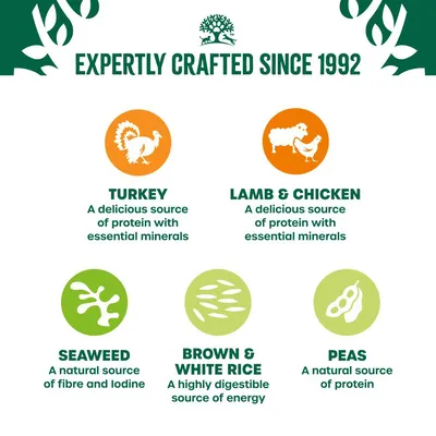Expertly crafted since 1992. Turkey and lamb & chicken are sources of protein with essential minerals. Seaweed provides fibre and iodine. Brown & white rice offers energy. Peas provide protein.
