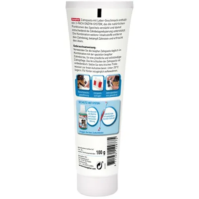 Instructional image showing steps for using toothpaste: get pet used to taste, apply toothpaste, brush teeth as usual. Also highlights mouthwash and special bristle toothbrush.
