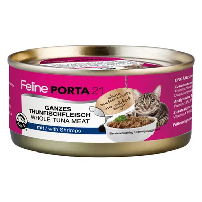 Feline Porta 21, egész tonhalhús garnélával. Kiegészítő eledel macskáknak, hozzáadott cukor nélkül. Tálalási javaslat látható.