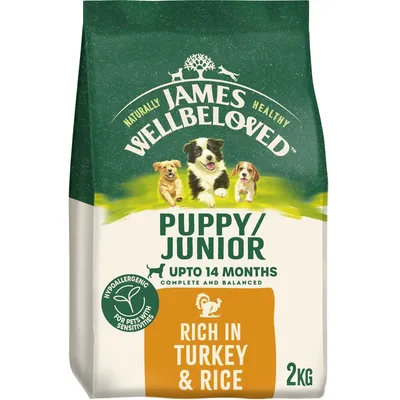 James Wellbeloved Puppy/Junior up to 14 months, hypoallergenic, rich in turkey and rice, 2kg. Complete and balanced food for pets with sensitivities.