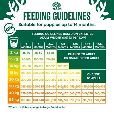 Feeding guidelines chart for puppies up to 14 months, showing daily gram amounts by age and expected adult weight from 2 kg to 55 kg. Includes advice on when to change to adult food.