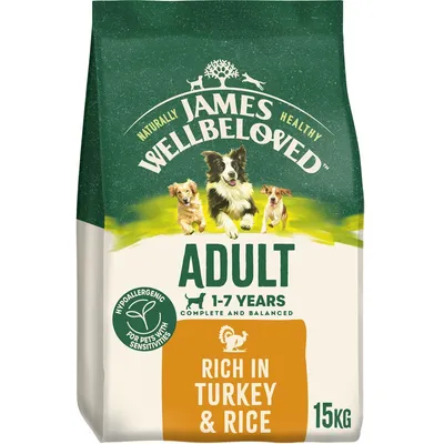 Adult 1-7 years complete and balanced food, hypoallergenic for pets with sensitivities, rich in turkey and rice, 15kg.