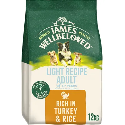 Light recipe adult pet food for ages 1-7 years, hypoallergenic for sensitivities, rich in turkey and rice, 12kg bag.