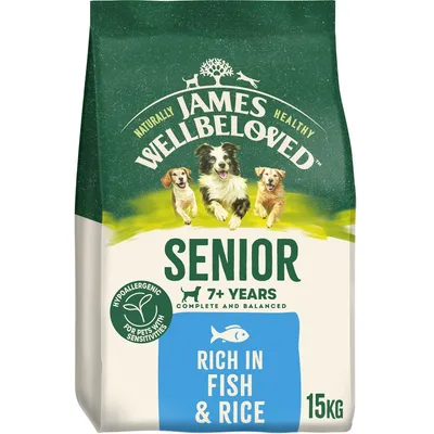Senior 7+ years complete and balanced food, hypoallergenic for pets with sensitivities, rich in fish and rice, 15kg bag.