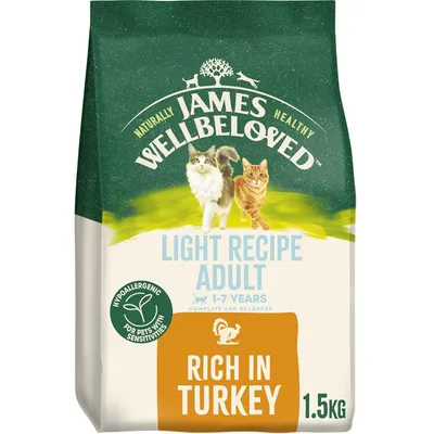 Light recipe adult food for ages 1-7 years, hypoallergenic for pets with sensitivities, rich in turkey, 1.5kg pack.