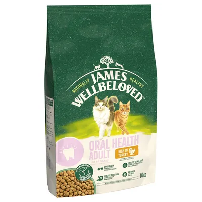 James Wellbeloved Oral Health Adult dry food, rich in turkey, for 1-7 years, highlights oral health, healthy skin and coat, digestion, hypoallergenic, no wheat, 10kg bag.