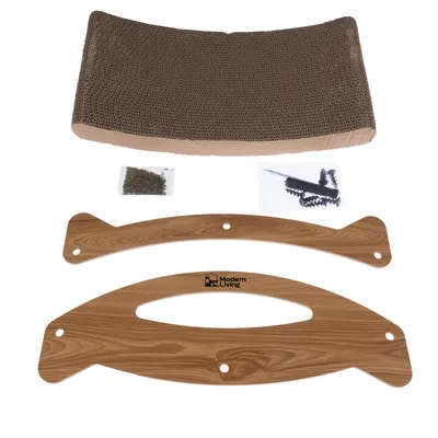 Modern Living set grebalica od drva i valovitog kartona, uključuje vijke i mačju metvicu. Pojedinačni dijelovi za montažu vidljivi.