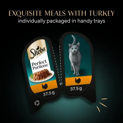 Exquisite meals with turkey, individually packaged in handy trays. Two portions shown, each 37.5g, with product and animal image visible.