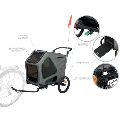 Fahrradanhänger mit komfortabler Deckenhöhe, verschiedenen Mesh-Einsätzen/Fenstern, integrierter Rampe, Feststellbremse und Hinterradfederung.