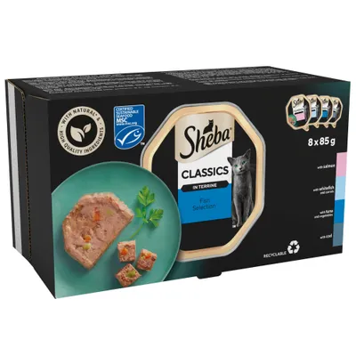 Sheba Classics in Terrine Fish Selection, 8 x 85g. Includes with salmon, whitefish and carrots, tuna and vegetables, cod. With natural ingredients, MSC certified sustainable seafood.