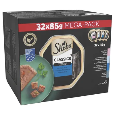 Sheba Classics Fish Selection mega-pack, 32 x 85g portions. Includes salmon, whitefish and carrots, tuna and vegetables, cod. Certified sustainable seafood MSC.