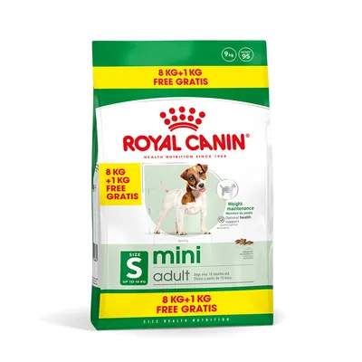 Sac de croquettes Royal Canin mini adult, 9 kg (8 kg + 1 kg gratuit), pour chiens à partir de 10 mois, taille S jusqu’à 10 kg. Texte visible : Weight maintenance, Optimal health support.