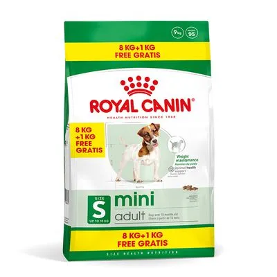 Royal Canin mini adult hondenvoer, 8 kg + 1 kg gratis, voor kleine honden tot 10 kg, afbeelding van een hond op de verpakking, zichtbare tekst: Weight maintenance, optimal health.