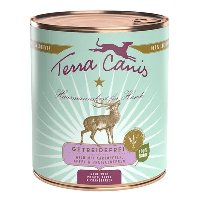 Boîte Terra Canis pour chien, texte visible : Getreidefrei, Wild mit Kartoffeln, Apfel & Preiselbeeren, 100 % Natur, Game with potato, apple & cranberries. Illustration de cerf.