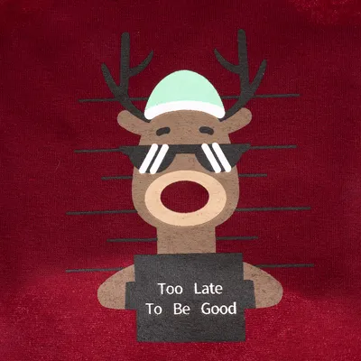 Ilustrace soba se slunečními brýlemi a štítem s nápisem 'Too Late To Be Good' na červeném pozadí.