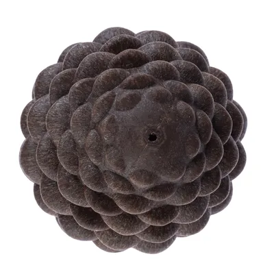 Brown, round chew toy shaped like a pine cone with textured surface and hole in the centre.