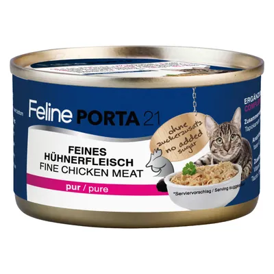 Feline Porta 21, feines Hühnerfleisch, fine chicken meat, pur/pure, sans sucre ajouté, image d’un chat et d’un bol de viande de poulet sur l’emballage