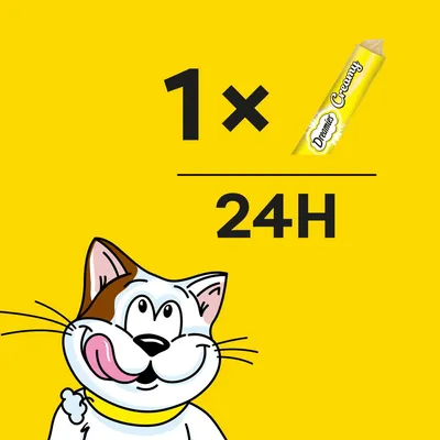 Feeding guide showing one Dreamies Creamy stick per 24 hours.
