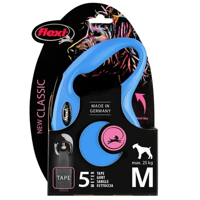 Flexi New Classic Hundeleine, blau, 5 Meter Band, Grösse M, für Hunde bis max. 25 kg, Made in Germany.