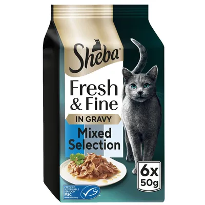 Sheba Fresh & Fine in Gravy Mixed Selection, 6 x 50g packs, certified sustainable seafood MSC, image shows chunks of food in gravy on a plate.