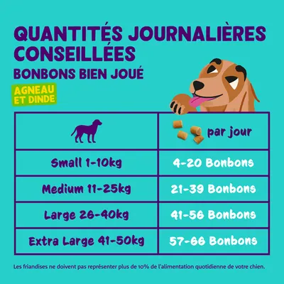 Recommandation d’alimentation pour Bonbons Bien Joué : Small 1-10kg 4-20 bonbons, Medium 11-25kg 21-39 bonbons, Large 26-40kg 41-56 bonbons, Extra Large 41-50kg 57-66 bonbons par jour.