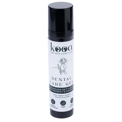 kooa Dental Care Gel mit Microsilver BG™, Citrus-Samenextrakt und Calendula. Vegan, ohne Tierversuche, natürliche Inhaltsstoffe, veganer Hühnergeschmack und Aroma.