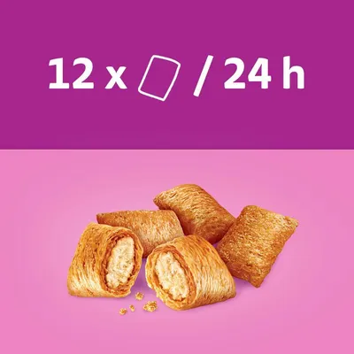 Four filled, crunchy snack pieces shown with a feeding guide above: 12 pieces per 24 hours.
