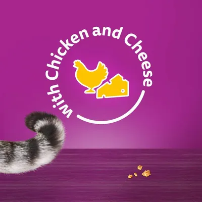 Text reads 'with Chicken and Cheese' with icons of a chicken and cheese, next to a striped tail and small food pieces on a purple background.