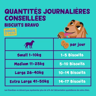 Recommandation d’alimentation pour Biscuits Bravo : Small chiens 1-10 kg, 1-5 biscuits ; Medium 11-25 kg, 5-10 biscuits ; Large 26-40 kg, 10-14 biscuits ; Extra Large 41-50 kg, 14-17 biscuits par jour.