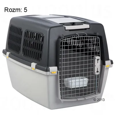 Transporter plastikowy z metalowymi kratkami, miska wewnątrz, rozmiar 5 widoczny w lewym górnym rogu.