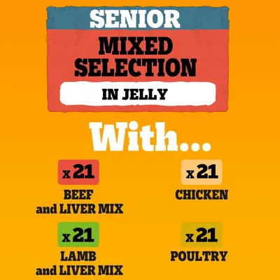 Senior mixed selection in jelly with 21 beef and liver mix, 21 chicken, 21 lamb and liver mix, and 21 poultry portions.