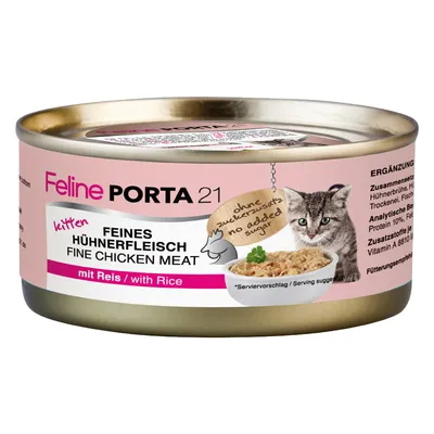 Feline Porta 21 Kitten, finom csirkehús rizzsel, hozzáadott cukor nélkül. Kiegészítő eledel macskáknak. Analitikai összetevők: fehérje 10%, zsír 1%. Tálalási javaslat látható.
