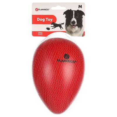 Flamingo Dog Toy, Ovo Range, size M, red toy for dogs in net packaging. Image of a Border Collie on the packaging.