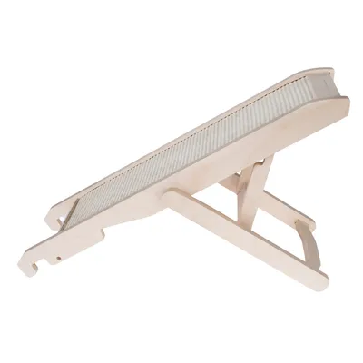 Wooden ramp with non-slip surface and adjustable height, suitable for access to elevated areas.