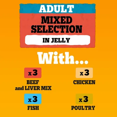 Adult mixed selection in jelly with 3 beef and liver mix, 3 fish, 3 chicken, and 3 poultry portions.