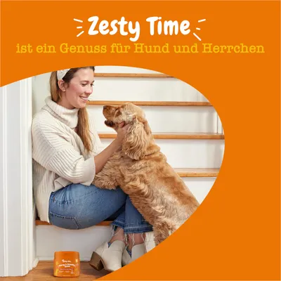Zesty Time ist ein Genuss für Hund und Herrchen. Produktdose unten abgebildet.