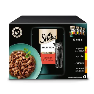 Sheba Sélection du Boucher en sauce, 12 x 85 g. Variétés : au poulet et au bœuf, au poulet, à l’agneau, au canard et à la dinde. Avec des ingrédients naturels de haute qualité.