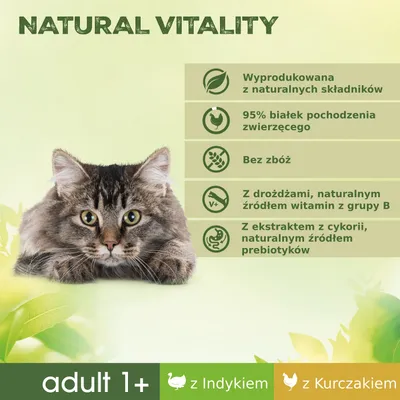 Natural Vitality. Wyprodukowana z naturalnych składników, 95% białek pochodzenia zwierzęcego, bez zbóż, z drożdżami (witaminy B), z ekstraktem z cykorii (prebiotyki). Adult 1+, z indykiem, z kurczakiem.