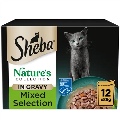 Sheba Nature's Collection in Gravy Mixed Selection, 12 x 85g packs, certified sustainable seafood MSC label shown on packaging.