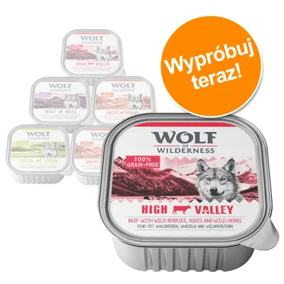 Zestaw saszetek Wolf of Wilderness, widoczny wariant High Valley: 100% grain-free, beef with wild berries, roots and wild herbs. Pomarańczowe kółko z napisem Wypróbuj teraz!