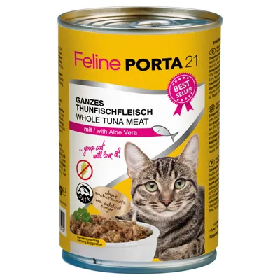 Feline Porta 21, carne intera di tonno con Aloe Vera, senza zuccheri aggiunti. Proposta di servizio: tonno in ciotola. Etichetta Best Seller visibile.