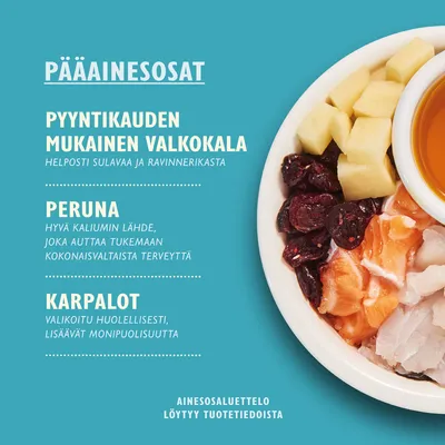 Pääainesosat: pyyntikauden mukainen valkokala, peruna, karpalot. Ainesosaluettelo löytyy tuotetiedoista. Näkyvissä myös lautasella kalaa, perunaa ja karpaloita.