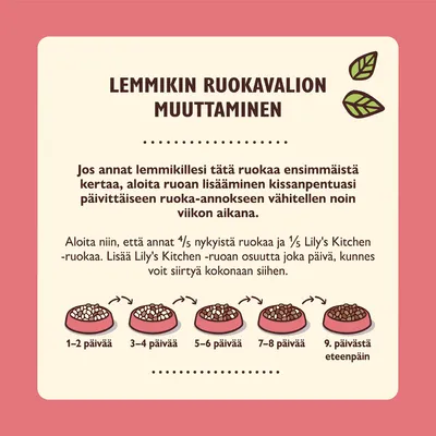 Ohje lemmikin ruokavalion muuttamiseen: lisää Lily's Kitchen -ruokaa vähitellen viikon aikana, alkaen 1/5 osuudella ja siirtyen kokonaan uuteen ruokaan 9. päivästä eteenpäin.