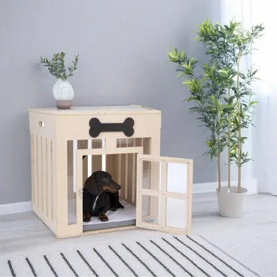 Holz-Hundebox mit Knochen-Dekor, offener Tür und Innenpolster. Geeignet als Schlafplatz oder Rückzugsort für Hunde. Hund sitzt im Inneren der Box.