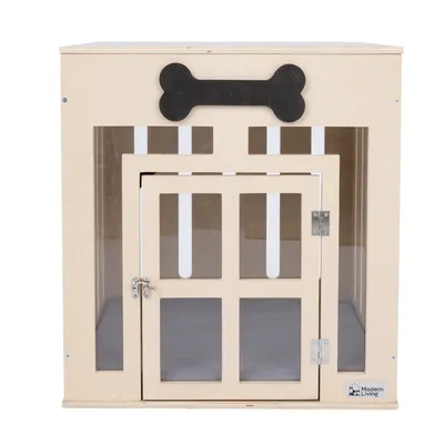 Modern Living Holz-Hundehütte mit Plexiglasfenstern, Tür mit Riegelverschluss und Knochen-Dekor auf der Oberseite.