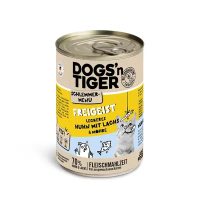 DOGS'n TIGER Schlemmer-Menü Freigeist. Νόστιμο κοτόπουλο με σολομό και καρότο, 70% κοτόπουλο και σολομός. Γεύμα κρέατος για ενήλικες γάτες. Made in Germany.