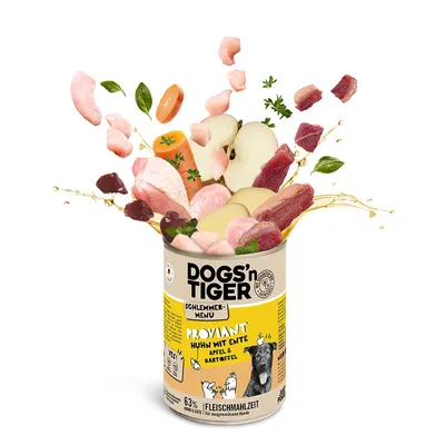 DOGS'n TIGER Schlemmer-Menü Proviant Huhn mit Ente, Apfel & Kartoffel. Fleischmahlzeit mit 63% Huhn & Ente für ausgewachsene Hunde.